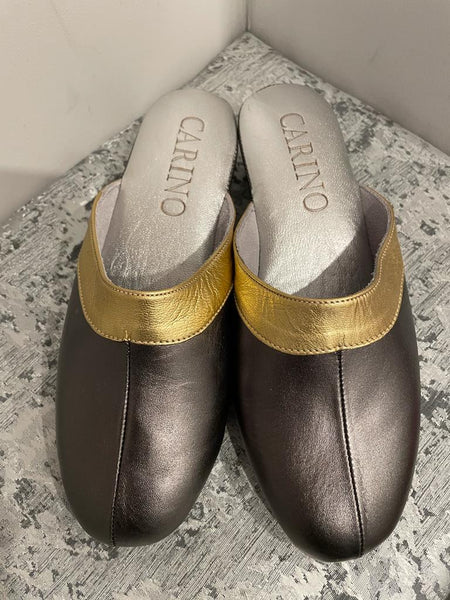 Carino Leather Slippers in Grey/ Gold