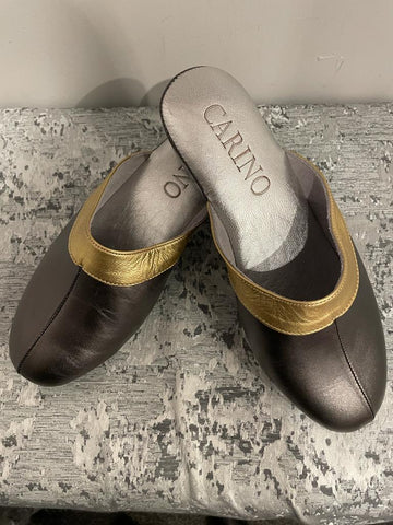 Carino Leather Slippers in Grey/ Gold